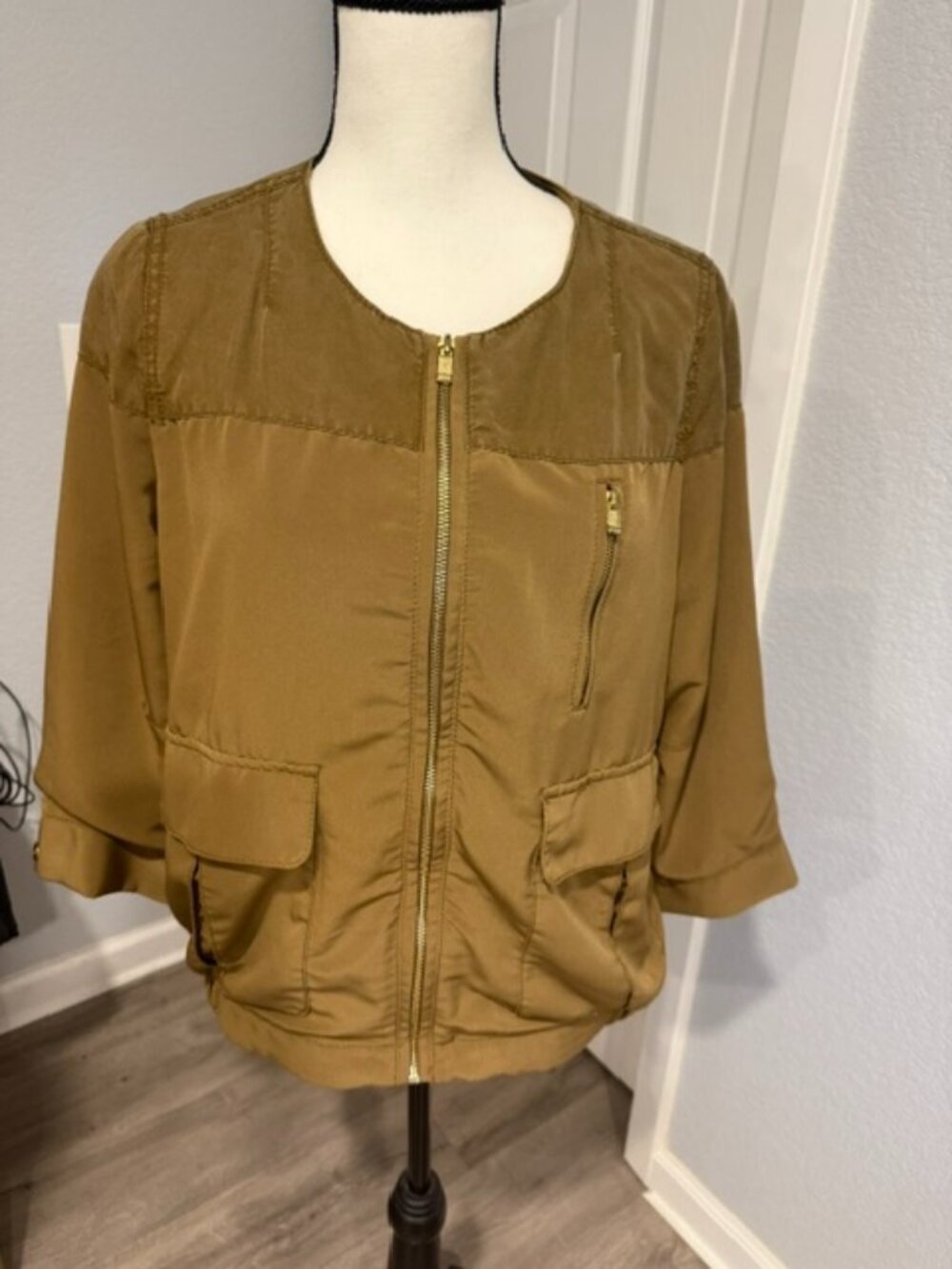 H&M Olive / Utility Brown Collarless Full-Zip Lightweight Jacket - Size 8